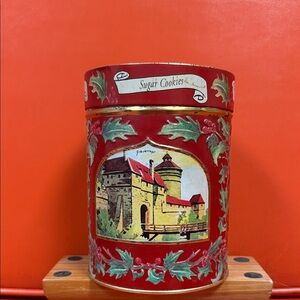 Vintage Red Cookie Tin with Castle Design